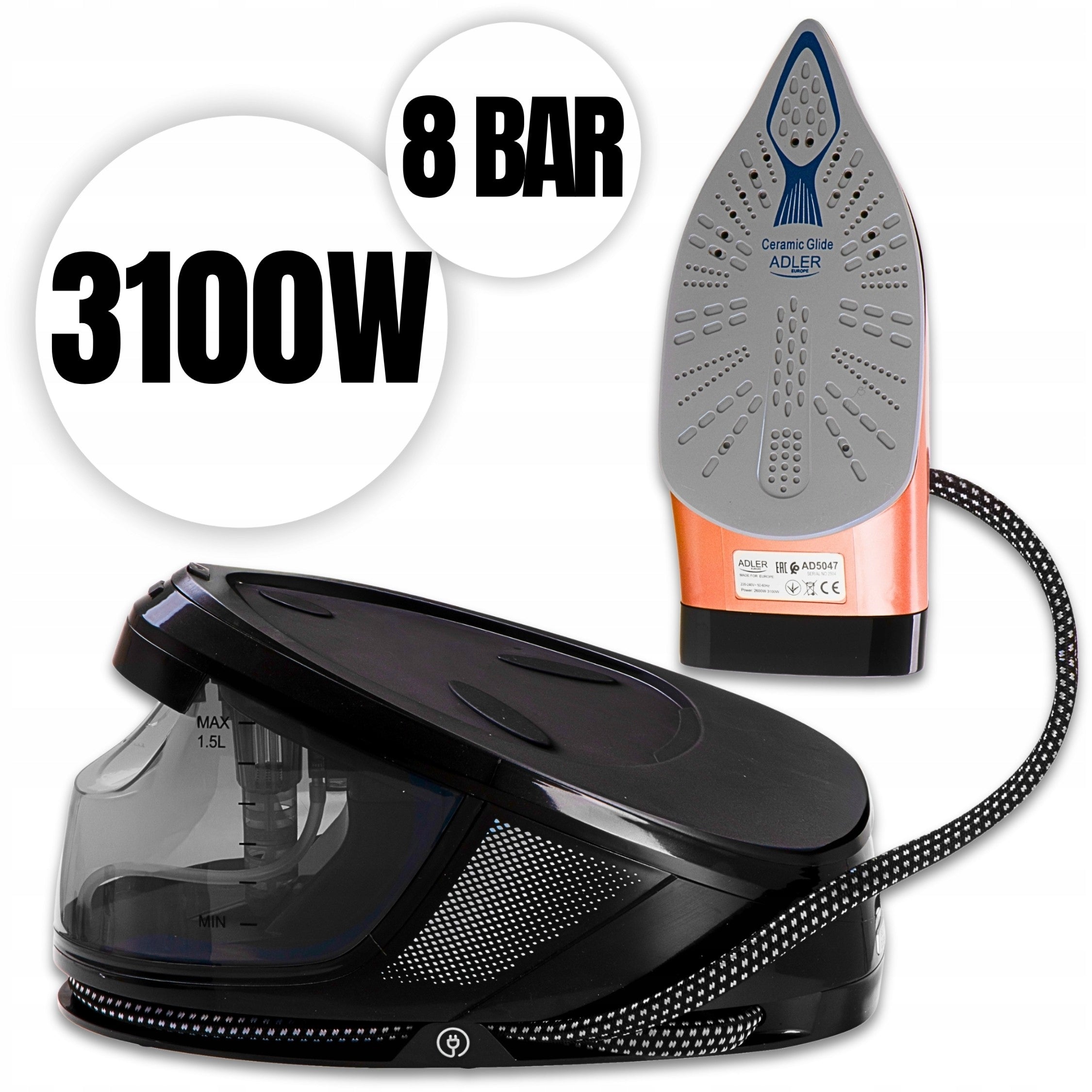 2x Steam Station Adler 3100 W Ceramic Foot 1500 Ml Model Generator Pary Żelazko Z Powłoką Ceramiczną