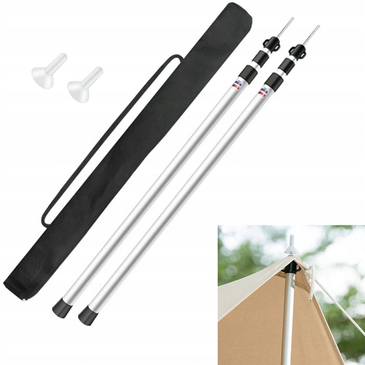 2x TENT RODS CAMPING TELESCOPIC AWNINGS 90-230CM 3-Section POSTS