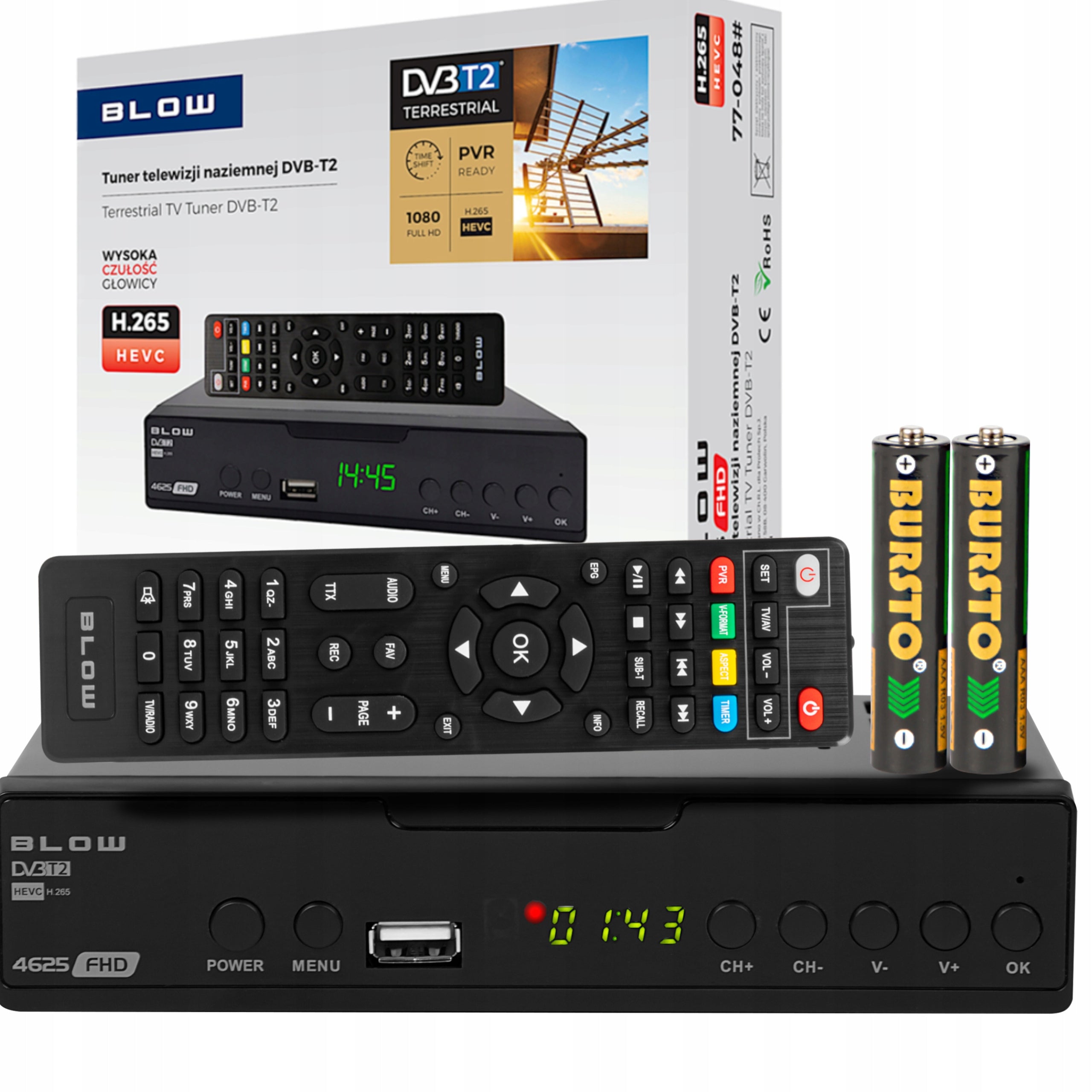 2x TUNER DVB-T2 TERRESTRIAL TV H.265 HEVC FHD USB HDMI REMOTE CONTROL BATTERIES Packaging status original