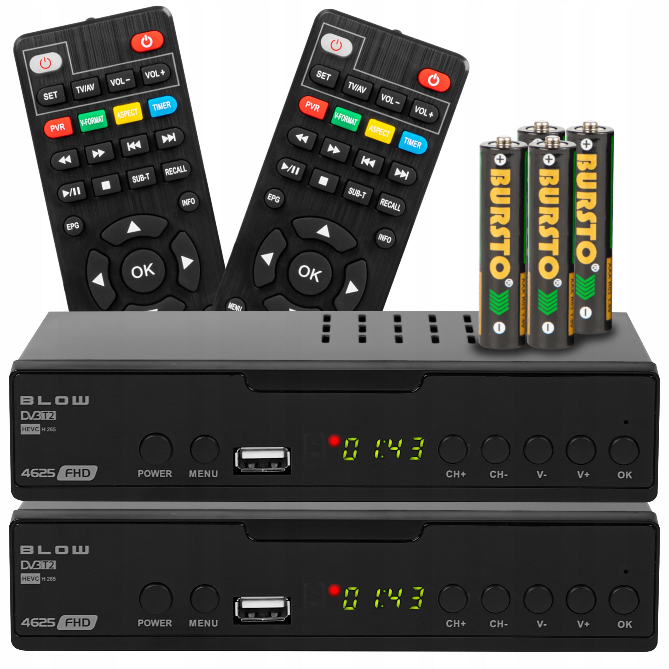 2x TUNER DVB-T2 TERRESTRIAL TV H.265 HEVC FHD USB HDMI REMOTE CONTROL BATTERIES