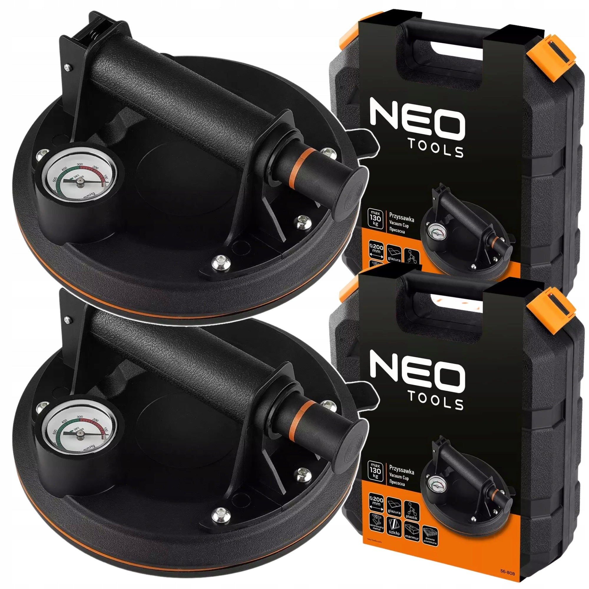 2x VACUUM SUCTION CUP FOR GLASS TILES WITH PUMP PRESSURE GAUGE SUITCASE NEO TOOLS