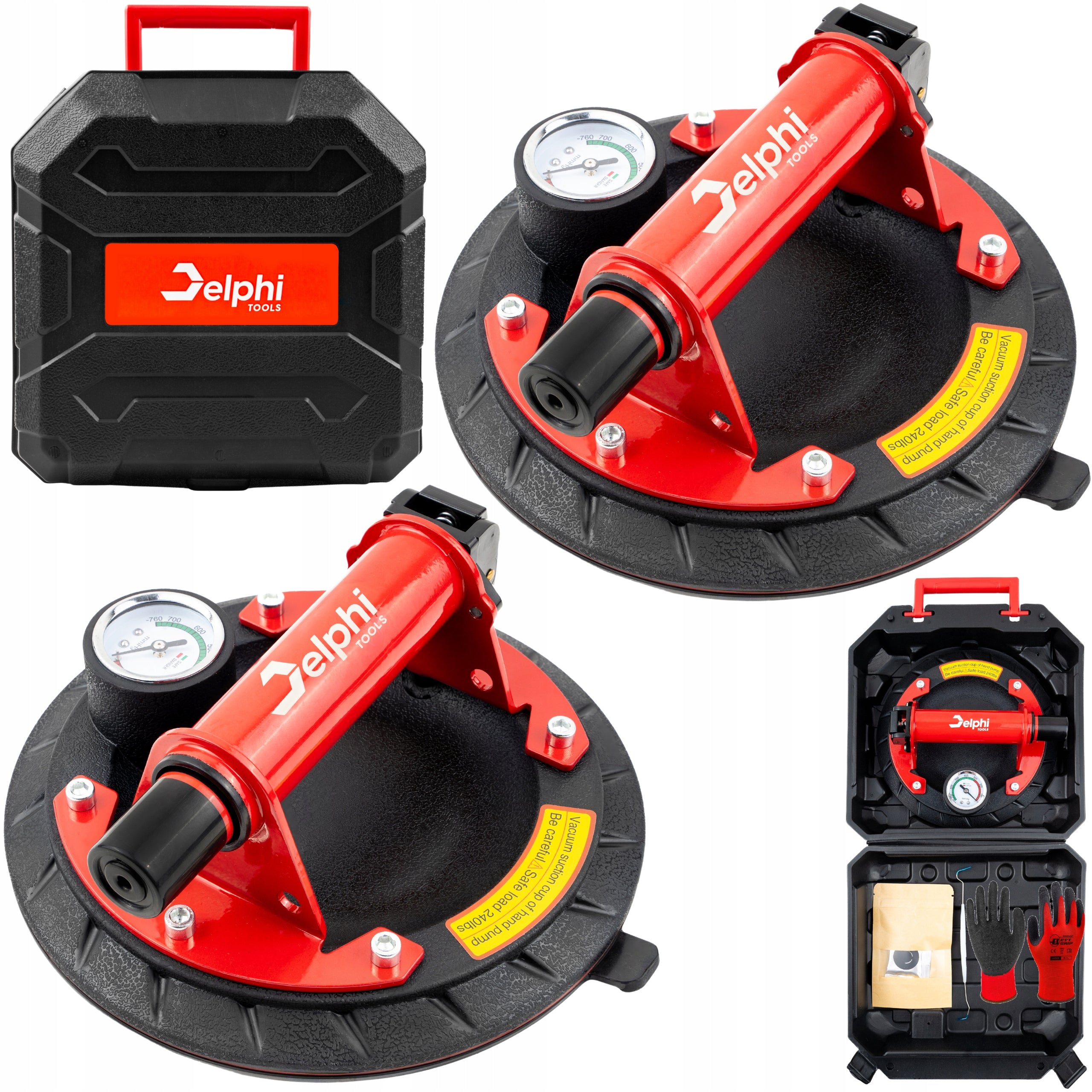 2x VACUUM TILE SUCTION CUP WITH PUMP PRESSURE GAUGE GLAZE GLASS HOLDER