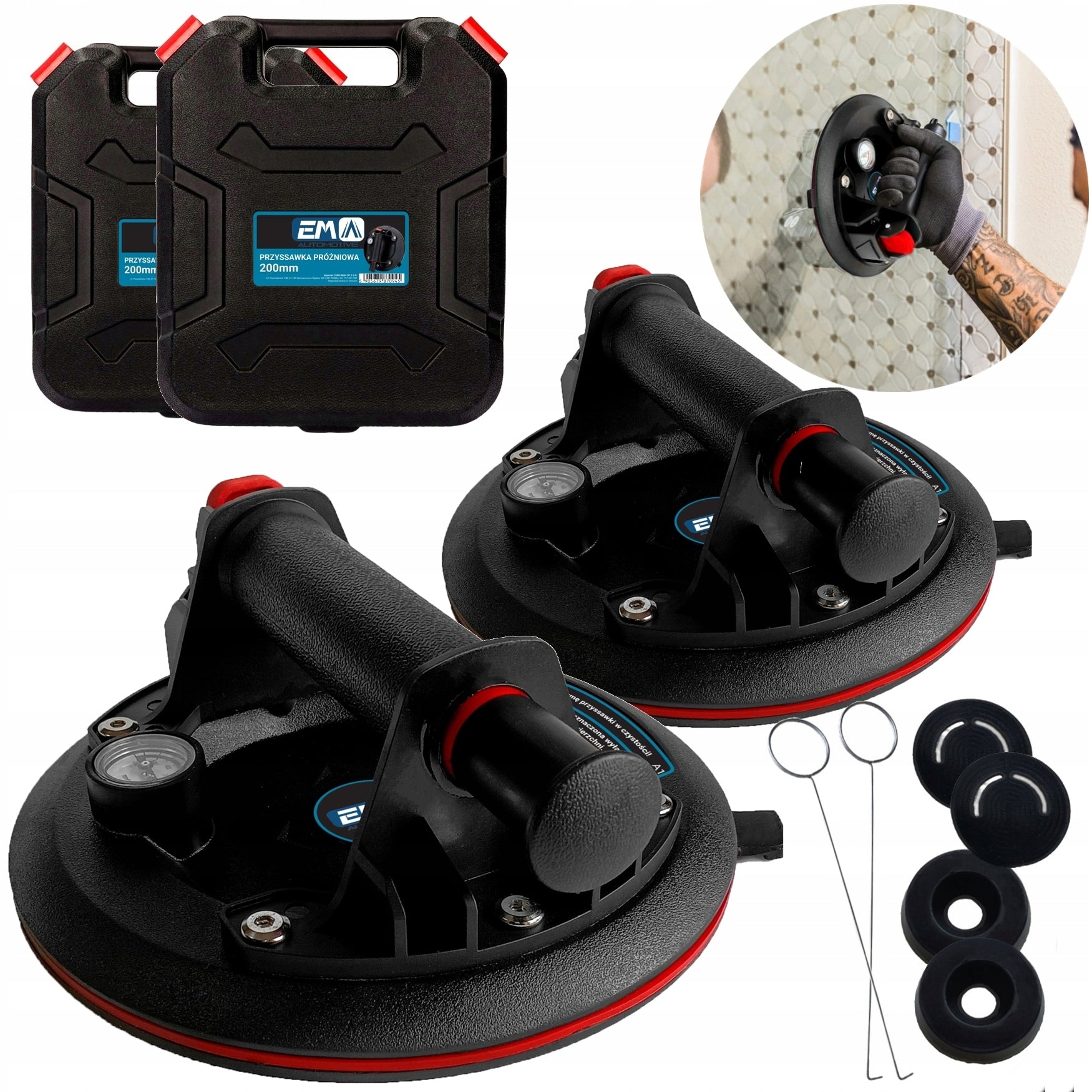 2x Vacuum Suction Cup Handle with Window Glaze Tile Pump with Pressure Gauge