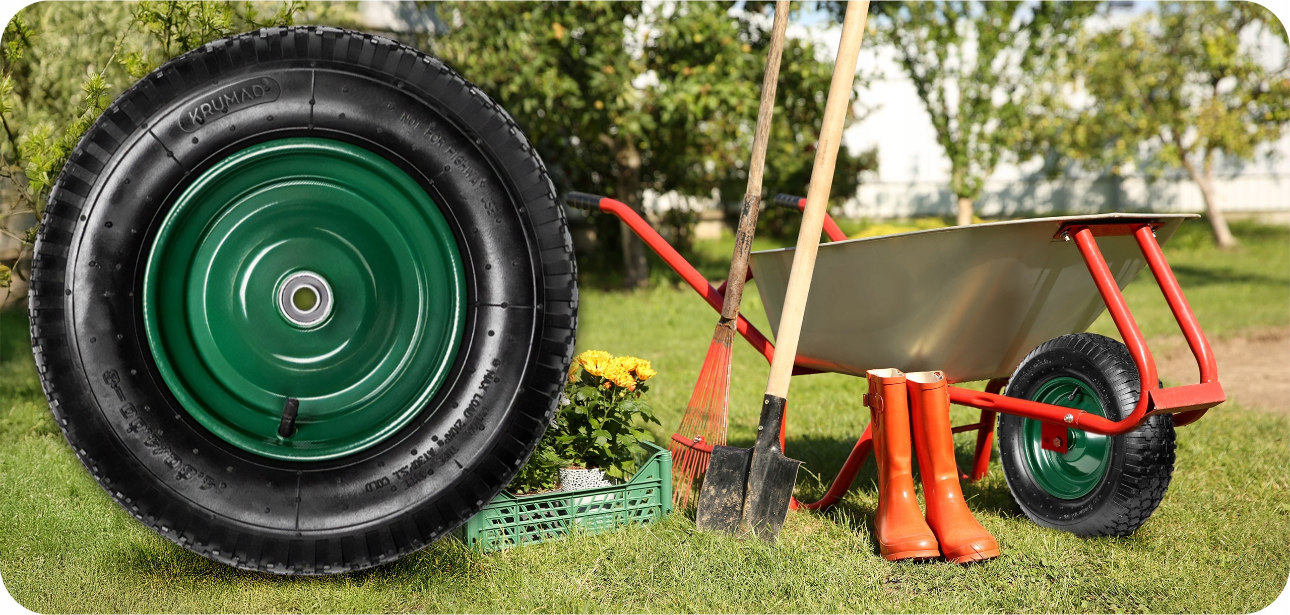 2x WHEEL FOR WHEELBARROW STRONG WITH INNER TUBE PUMPED 4.80/4.00-8 + AXLE Brand KRUMAD