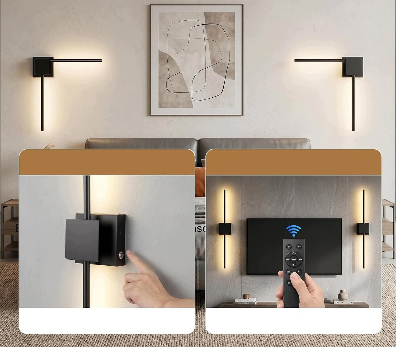 2x Wireless LED Wall Lamp 70 cm Remote Control 3 Colors 10000 mAh Black Brand ERWEY
