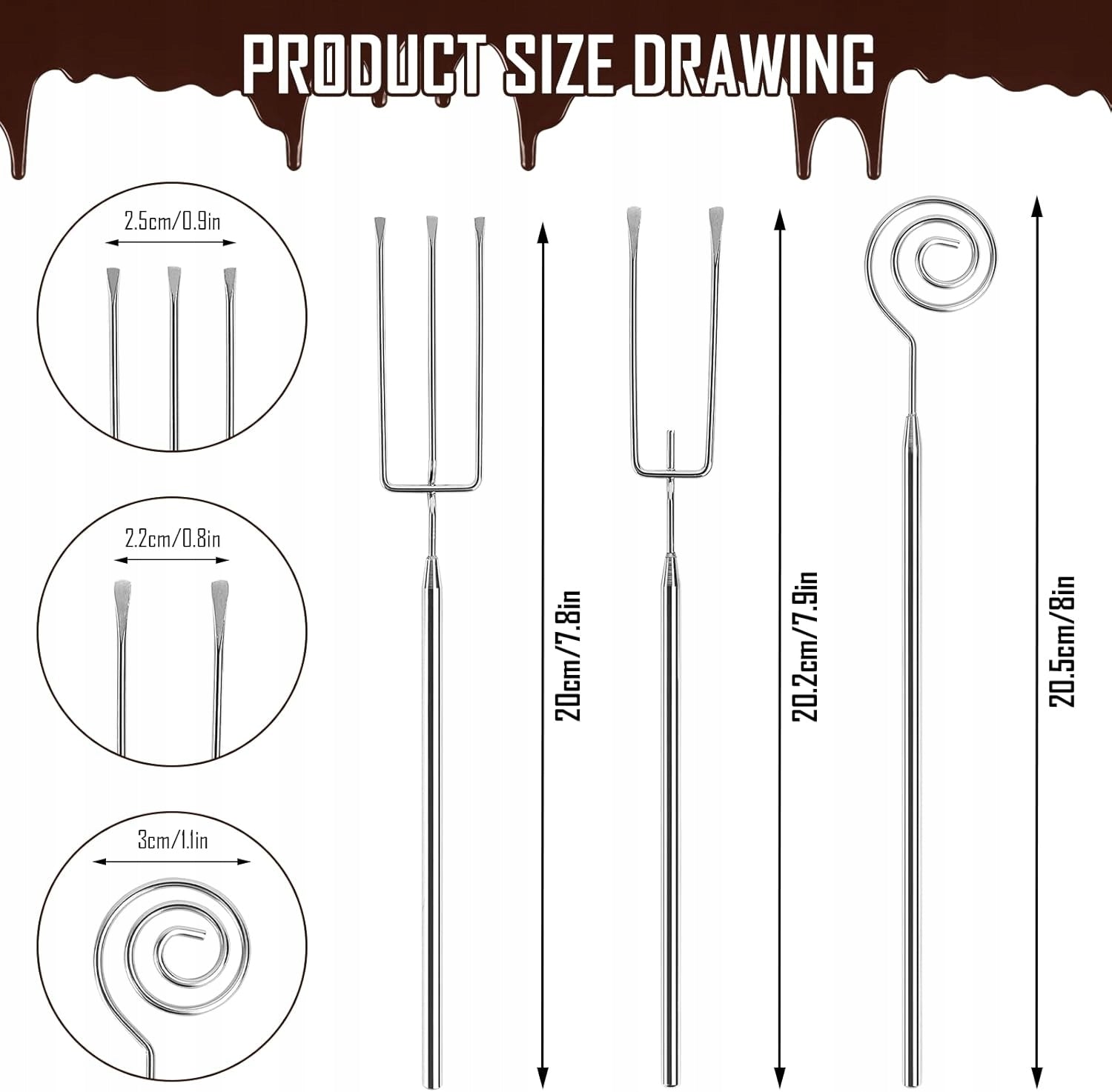 3 PIECE FORK FOR CHOCOLATE PRALINES FOR FONDUE SHINY STEEL Brand no brand