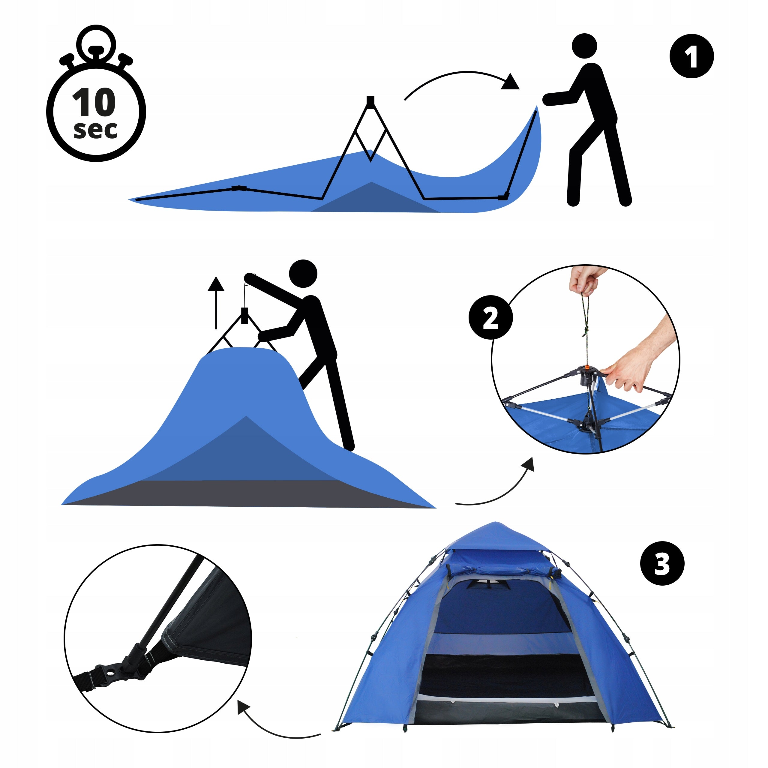 3 Person Camping Tent Pop Up Blue FOLDING IN 10 SECONDS Kind travel
