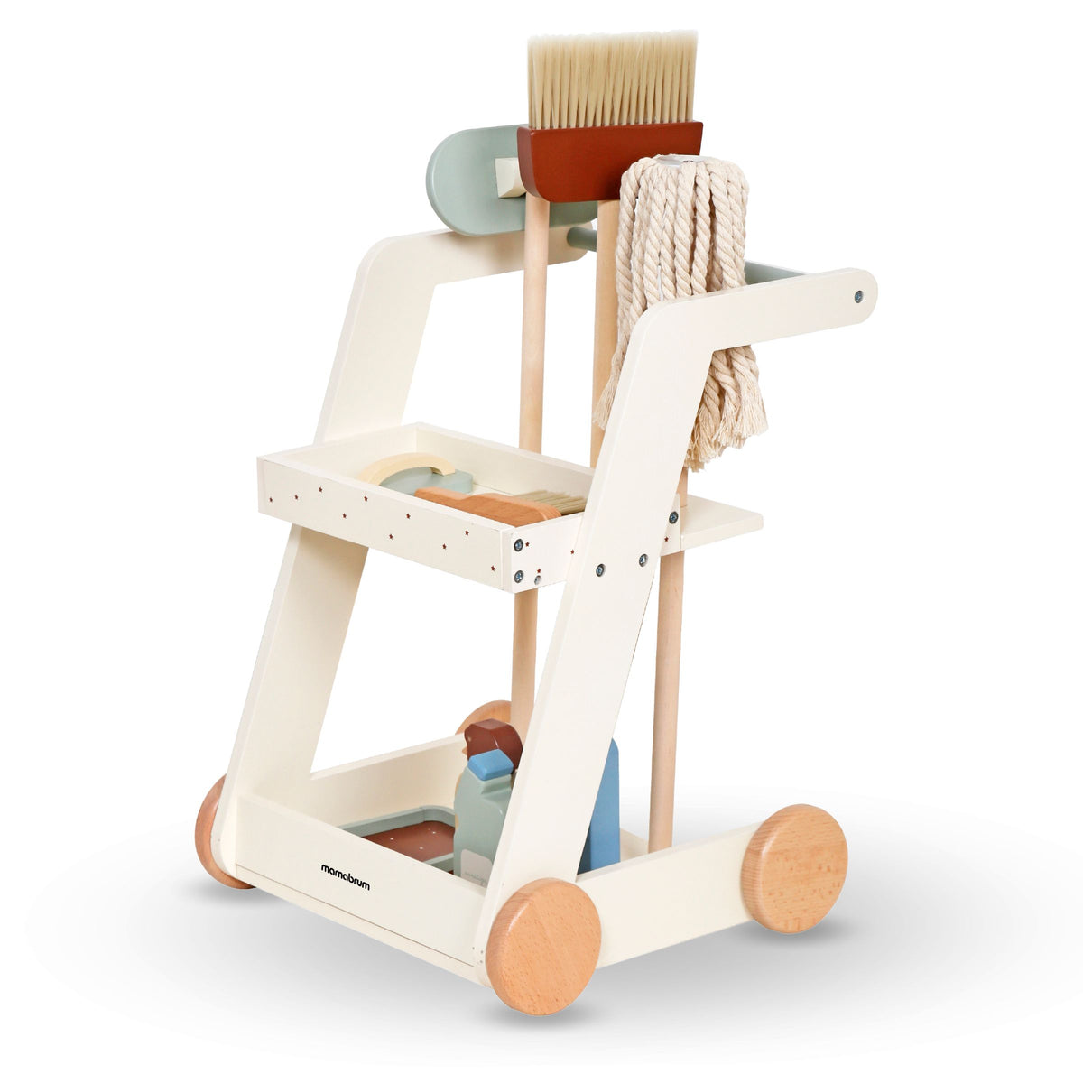3-in-1 Wooden Baby Walker, Push-Along Toy, Cleaning Cart, and Toy Vacuum Cleaner Brand Mamabrum