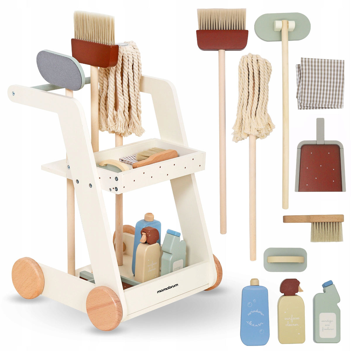 3-in-1 Wooden Baby Walker, Push-Along Toy, Cleaning Cart, and Toy Vacuum Cleaner