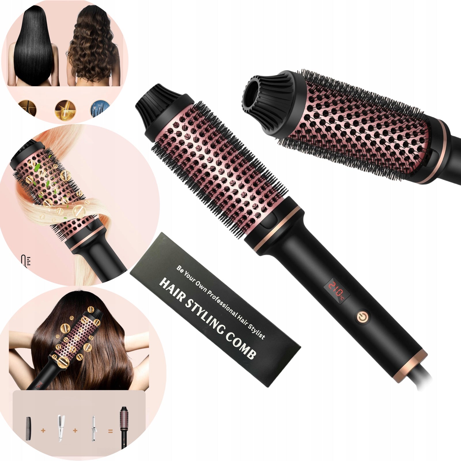 3-in-1Hot Brush Curler Straightener Adjustable TempNegative Ions Black (EU)