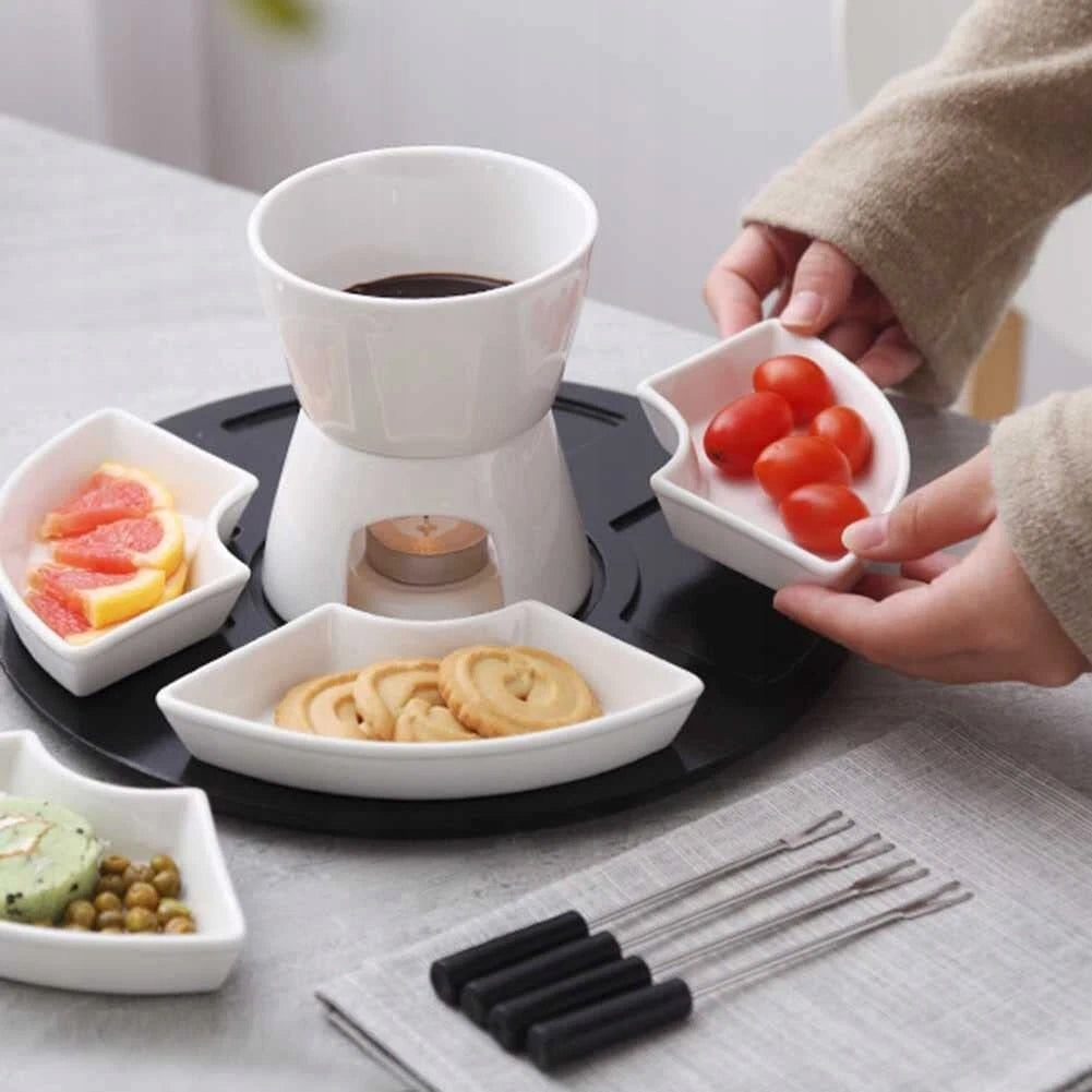300ML CERAMIC CHOCOLATE FONDUE POT SET WITH 4 PLATES