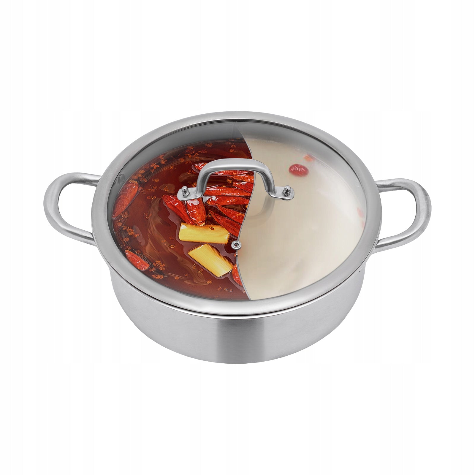 32cm Stainless Steel Divided Hot Pot, (Glass Lid + Spoon & Slotted Spoon)