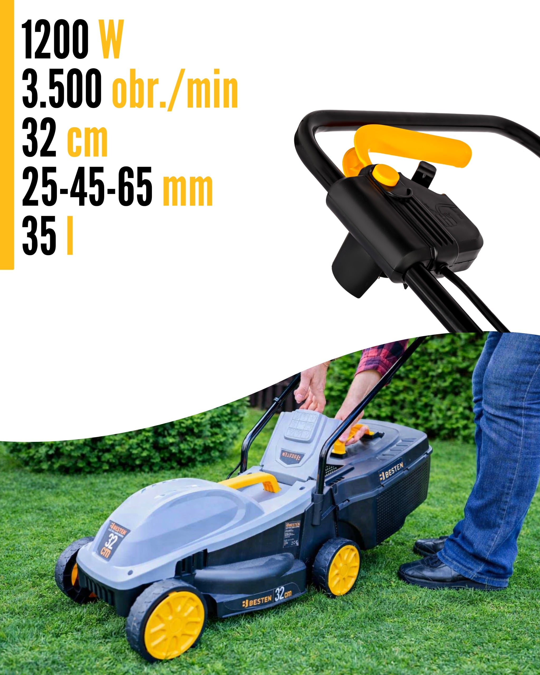 35L ADJUSTABLE ELECTRIC LAWN MOWER LIGHT STRONG LARGE BASKET BESTEN Brand BESTEN