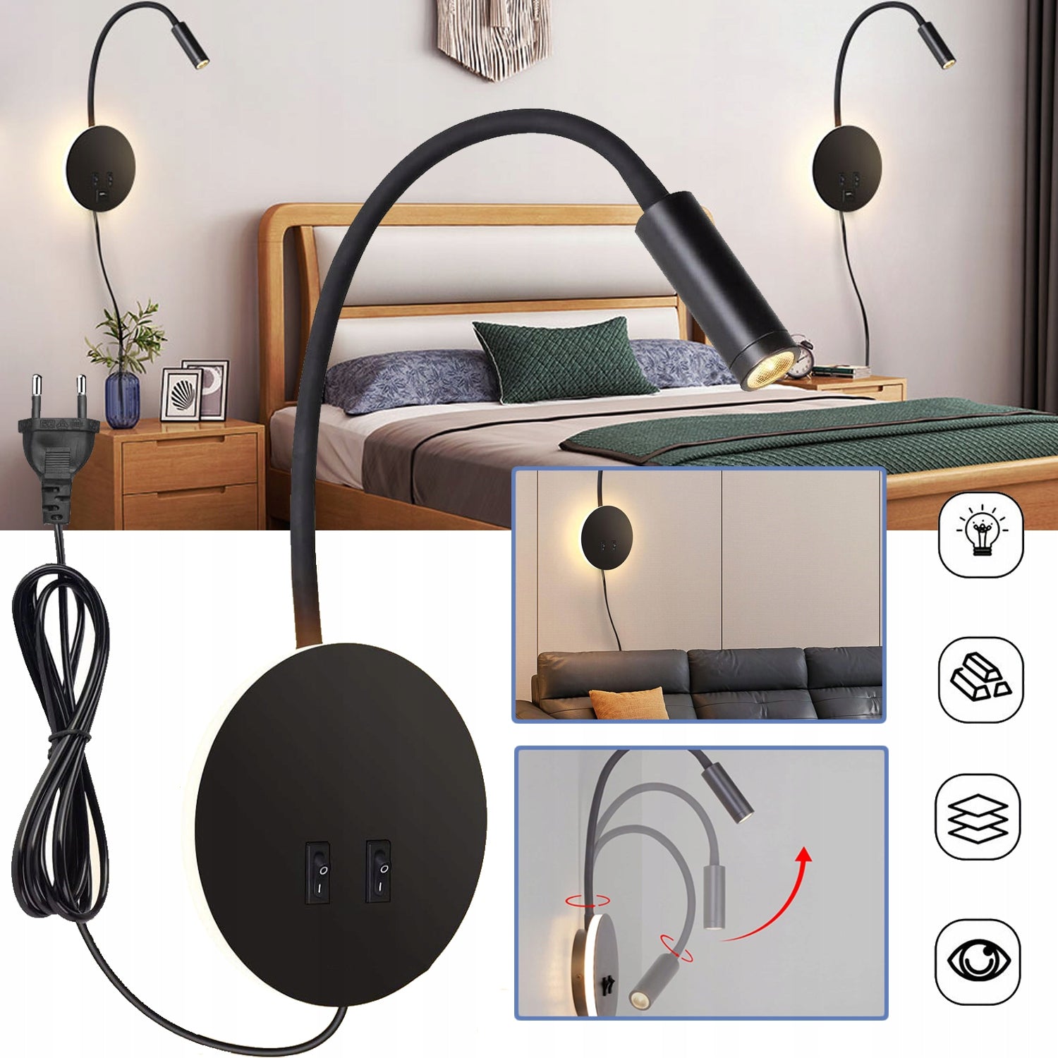 360° ROTATING NIGHT LIGHT, GOOSENECK WITH SWITCH, 3 IN + 7 IN, LIVING ROOM