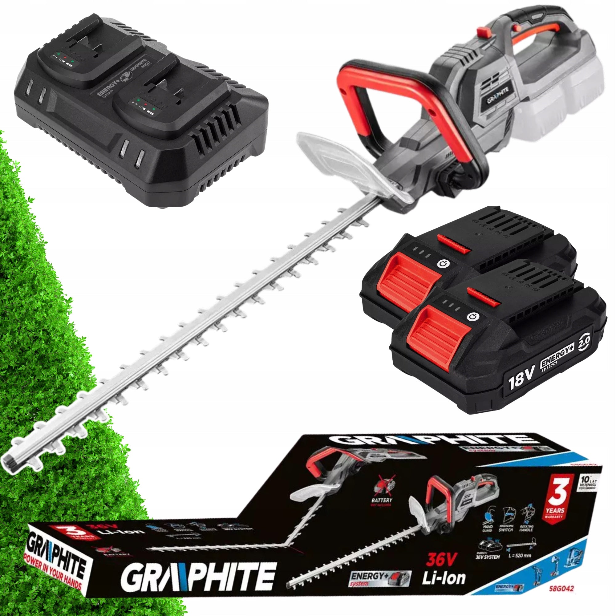 36V Cordless Hedge Trimmer Powerful + 2x 2Ah Battery + Charger