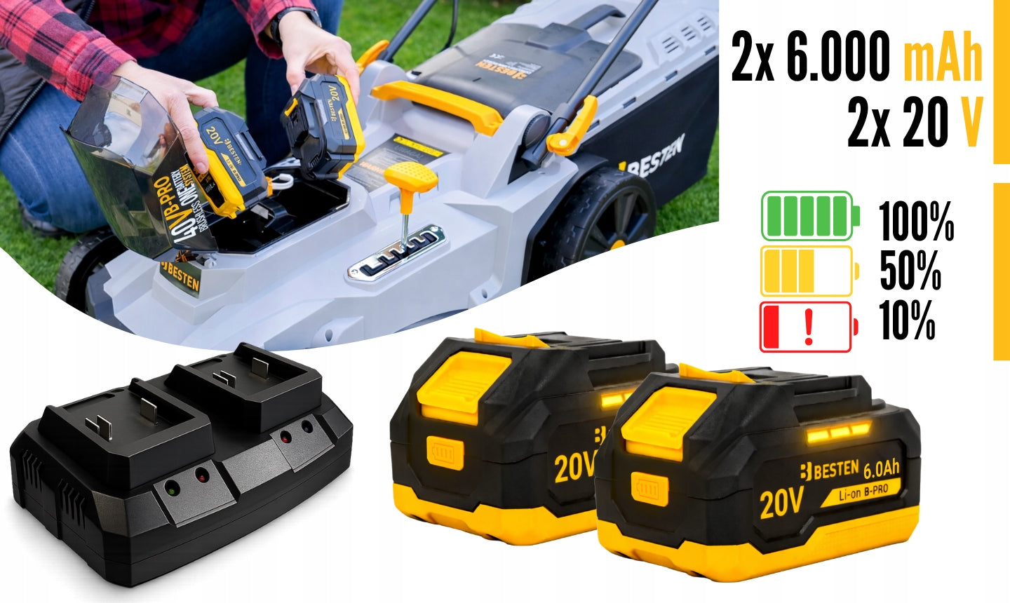 38CM BRUSHLESS CORDLESS LAWN MOWER FOR GRASS 2X AKU 6AH STRONG BESTEN Brand BESTEN