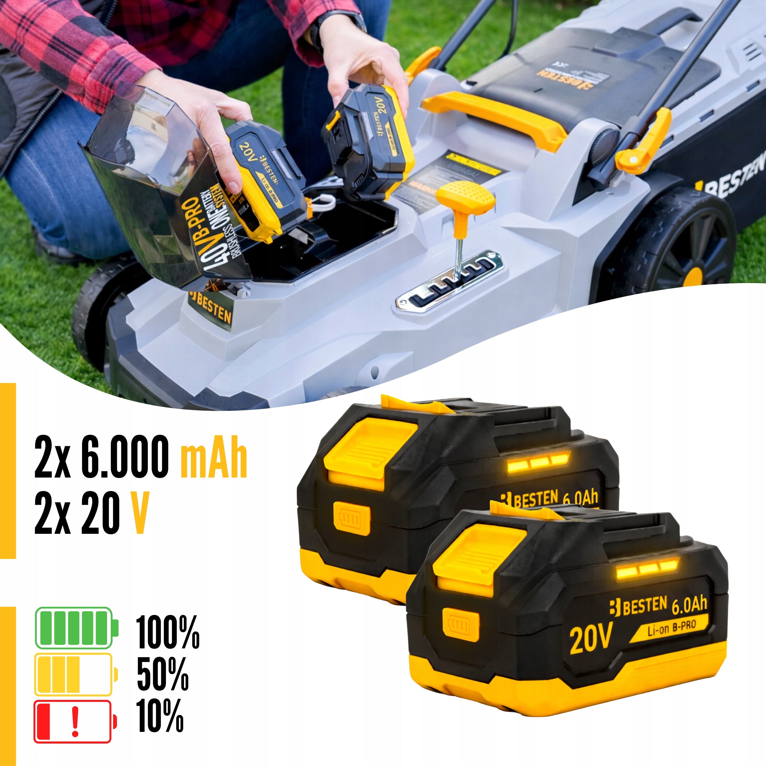 38CM BRUSHLESS CORDLESS LAWN MOWER FOR GRASS 2X AKU 6AH STRONG BESTEN Mowing width 38 cm