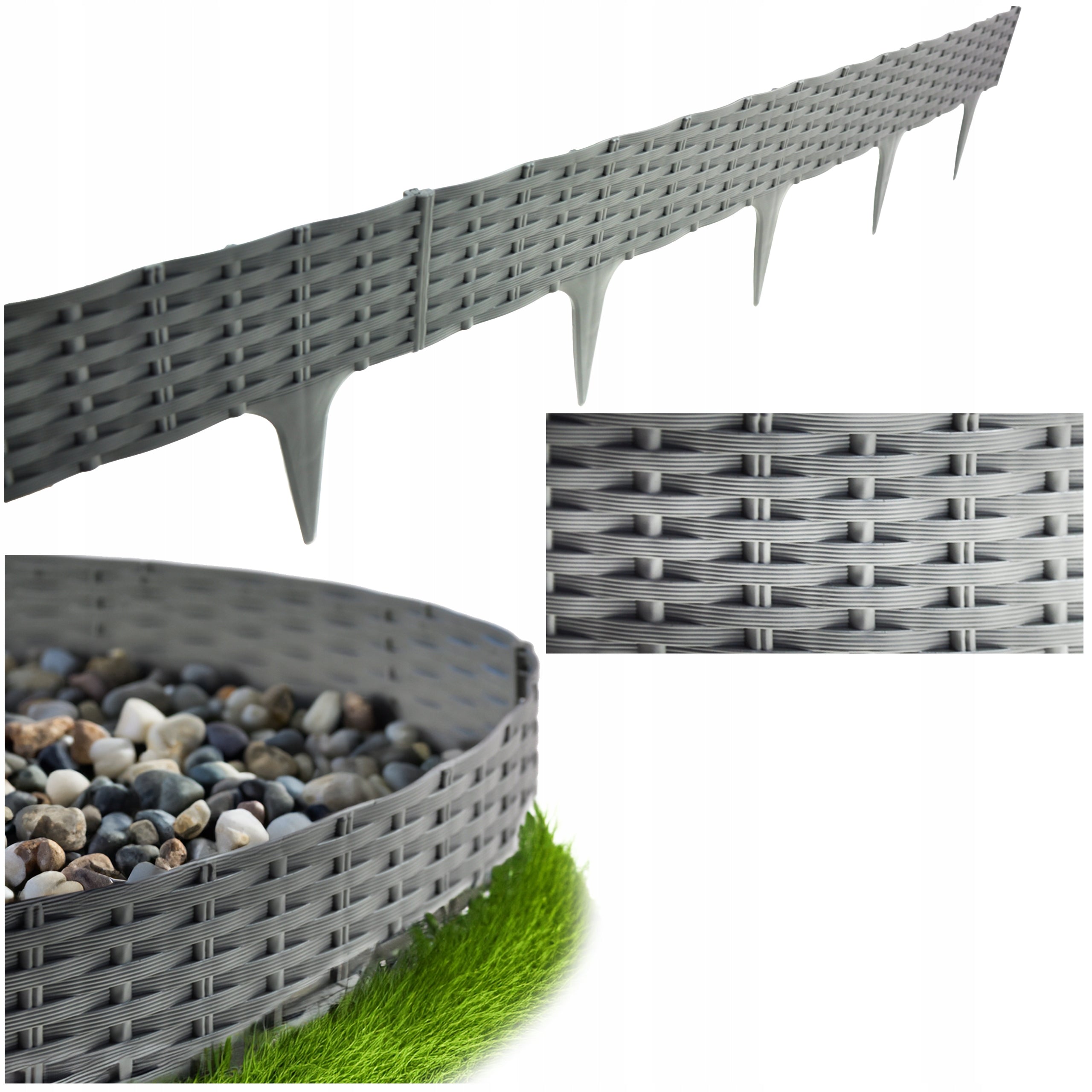 390 cm Lawn Band Garden Palisade Fence Rattan Grey Rim