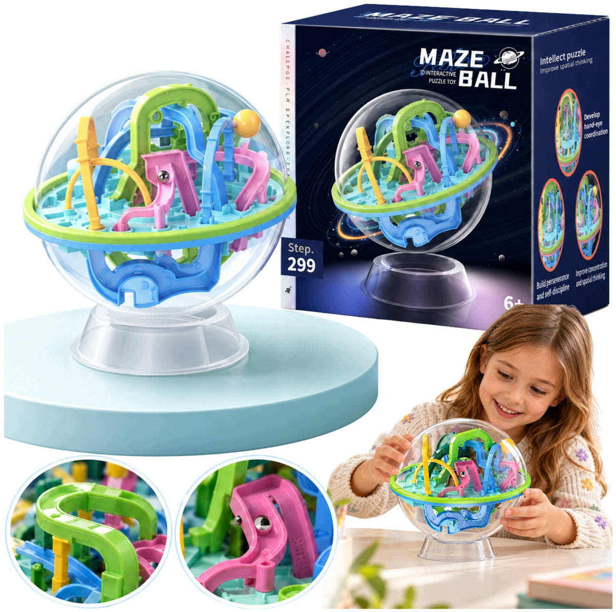 3D BALL MAZE PUZZLE GAME - SPIRAL CHALLENGE WITH 299 OBSTACLES - LOGIC AND HAND-EYE COORDINATION TOY - AGES 6+