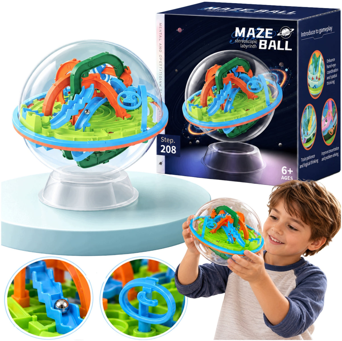 3D BALL MAZE PUZZLE - SPIRAL MARBLE RUN GAME, 208 CHALLENGES, HAND-EYE COORDINATION TOY, AGES 6+