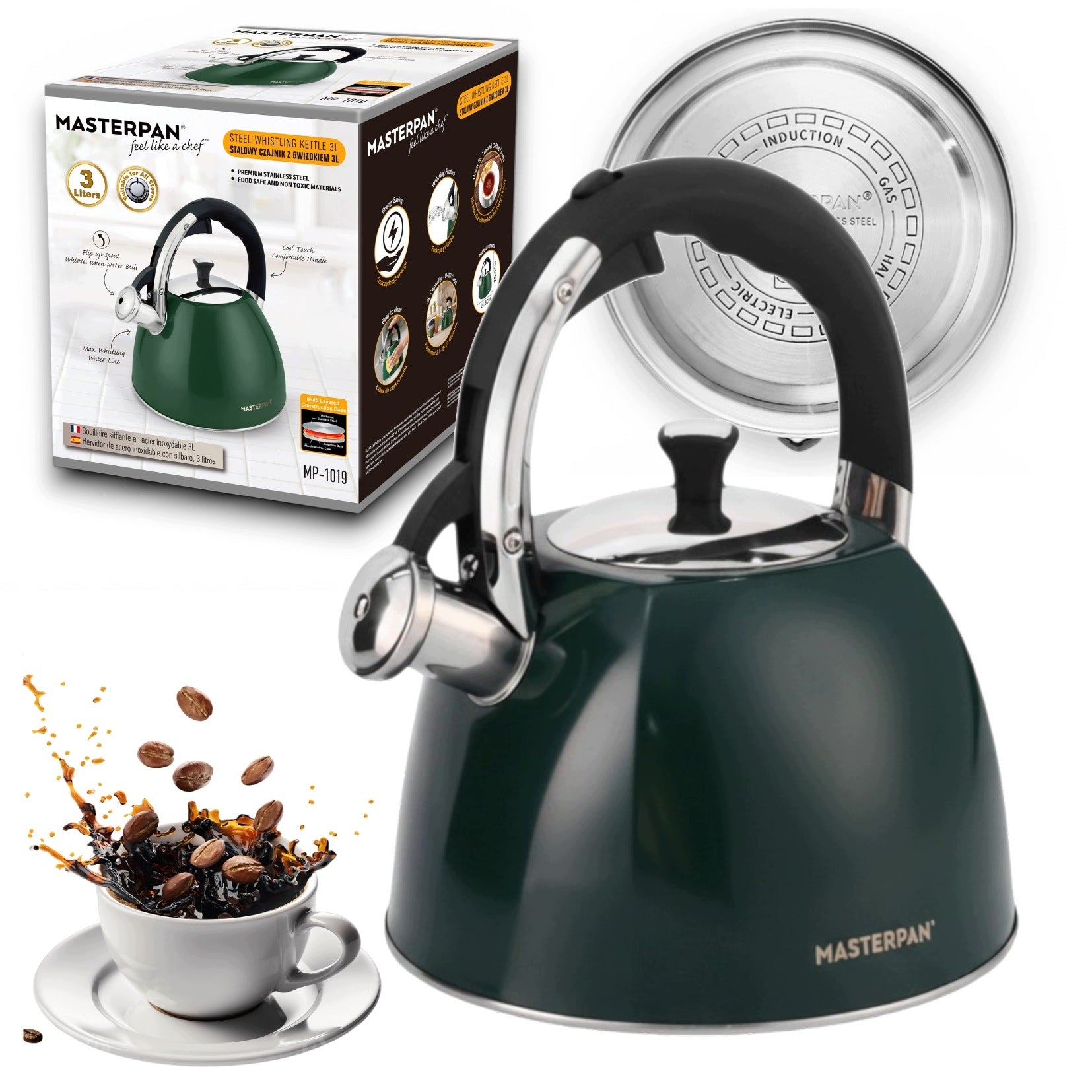 3L Kettle with Whistle Steel Green for Induction Gas Large