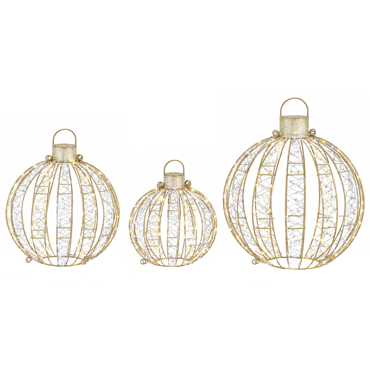 3PCS Christmas Illuminated Light Balls Metal Frame Outdoor Porch Gold