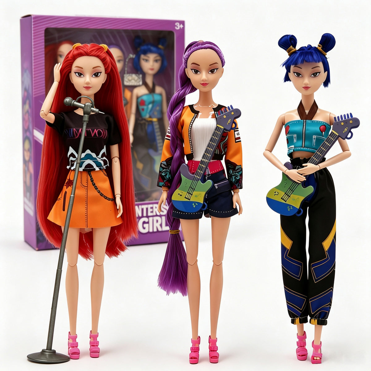 3PCS Cool Girl Classic Fairy Tale Doll Plastic Multicolor + Accessories