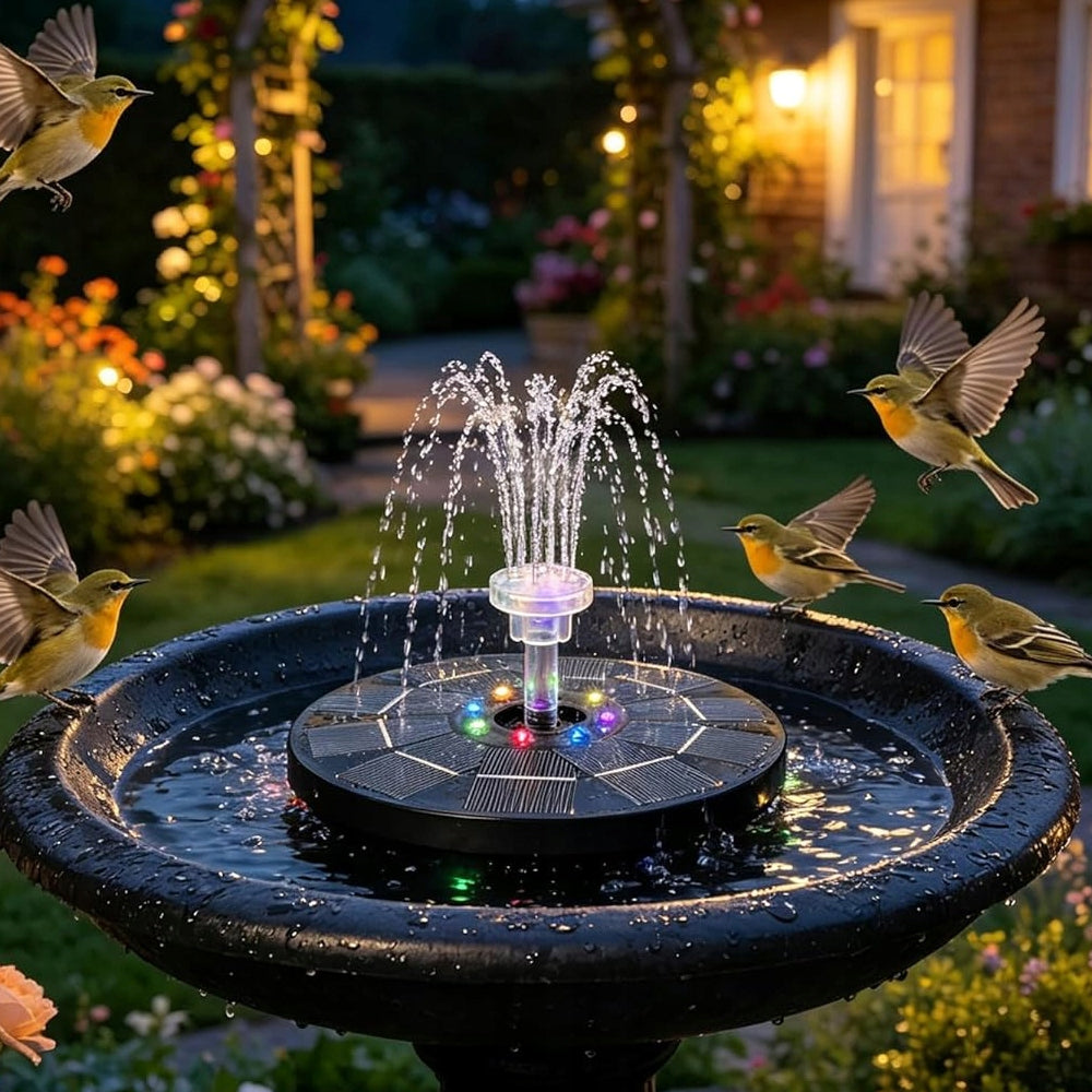 3W Solar Floating Fountain with RGB and Rechargeable Battery with 6 Nozzle 8 LED 1500mAh Additional information solar-powered