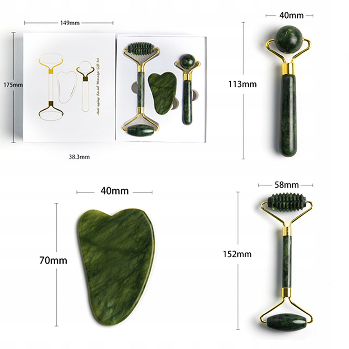 3in1 Jade Facial Massager Set Includes Roller Gua Sha Tools for Face Medical device no
