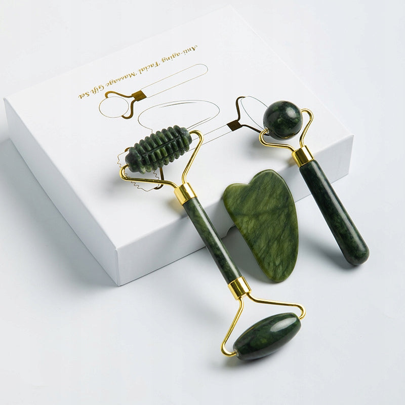 3in1 Jade Facial Massager Set Includes Roller Gua Sha Tools for Face Packaging status original