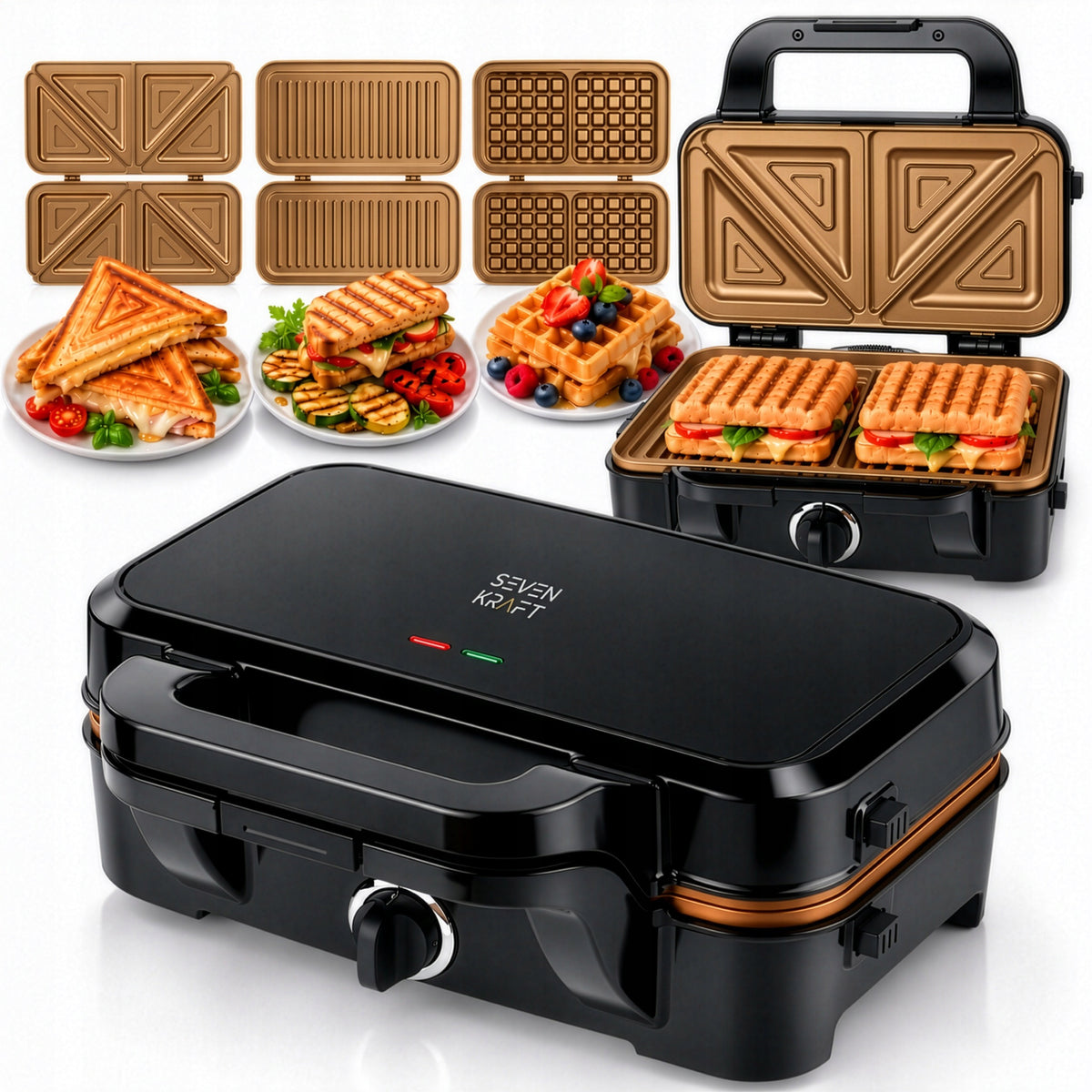 3in1 Waffle Iron Contact Grill Interchangeable Nonstick Plates
