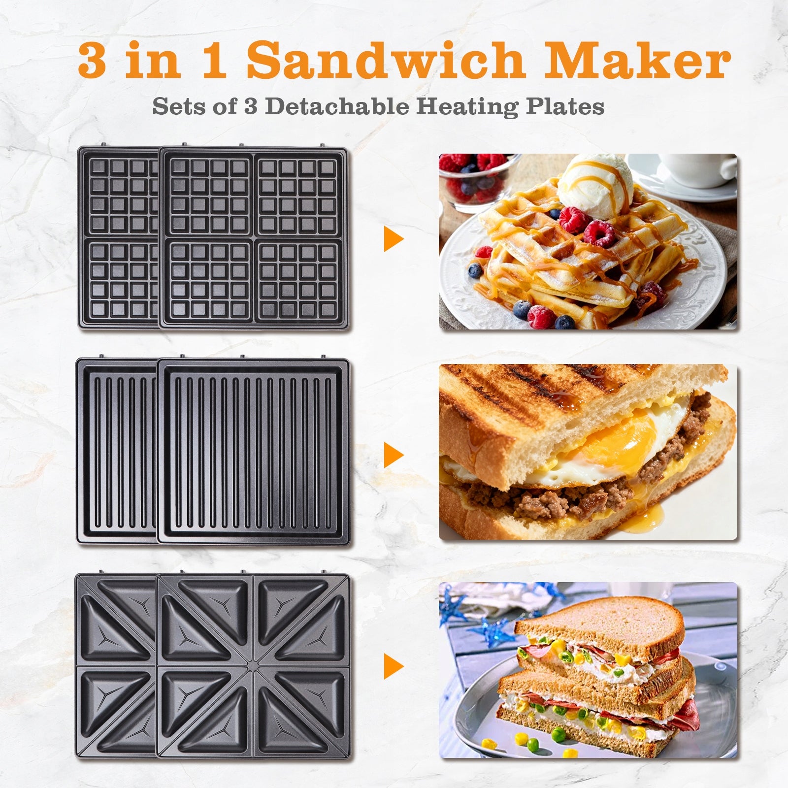 3in1 toaster for sandwiches, waffles and panini 1200W with large plates black Packaging status original