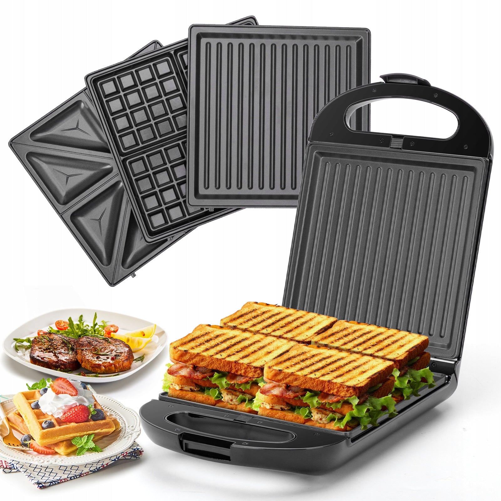 3in1 toaster for sandwiches, waffles and panini 1200W with large plates black