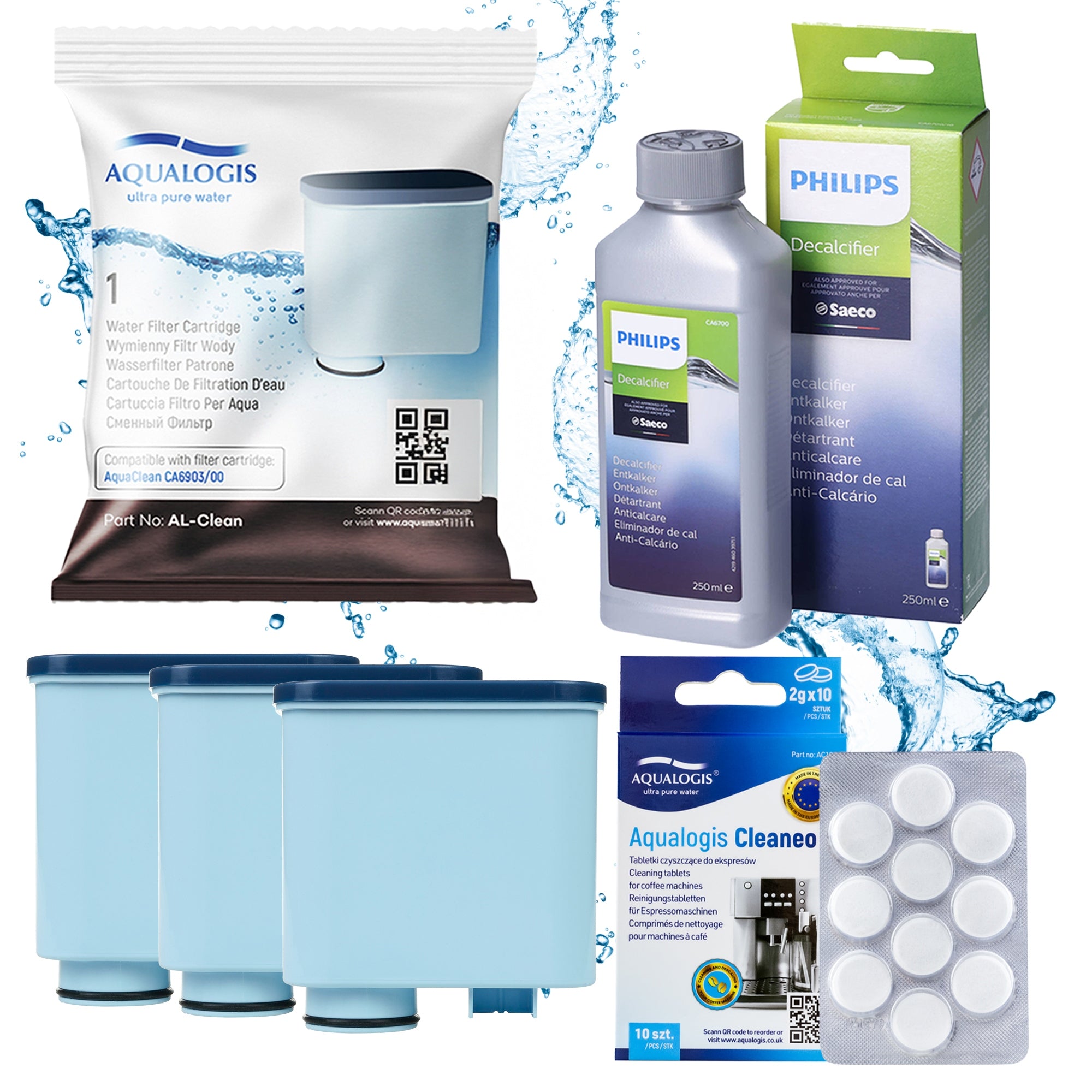 3x AL-Clean Filter for Philips Saeco Maker + Tablets + Descaler 250ml