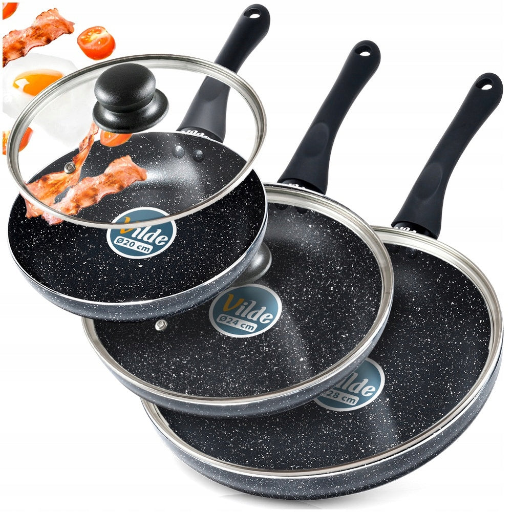 3x GRANITE frying pan for stewing set with lid 20 24 28 cm