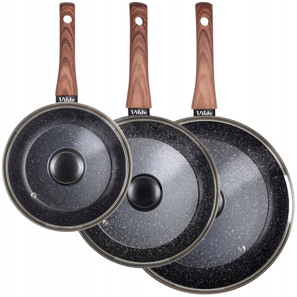 3x GRANITe frying pan stewing set with lid 20 24 28 cm Brand Vilde