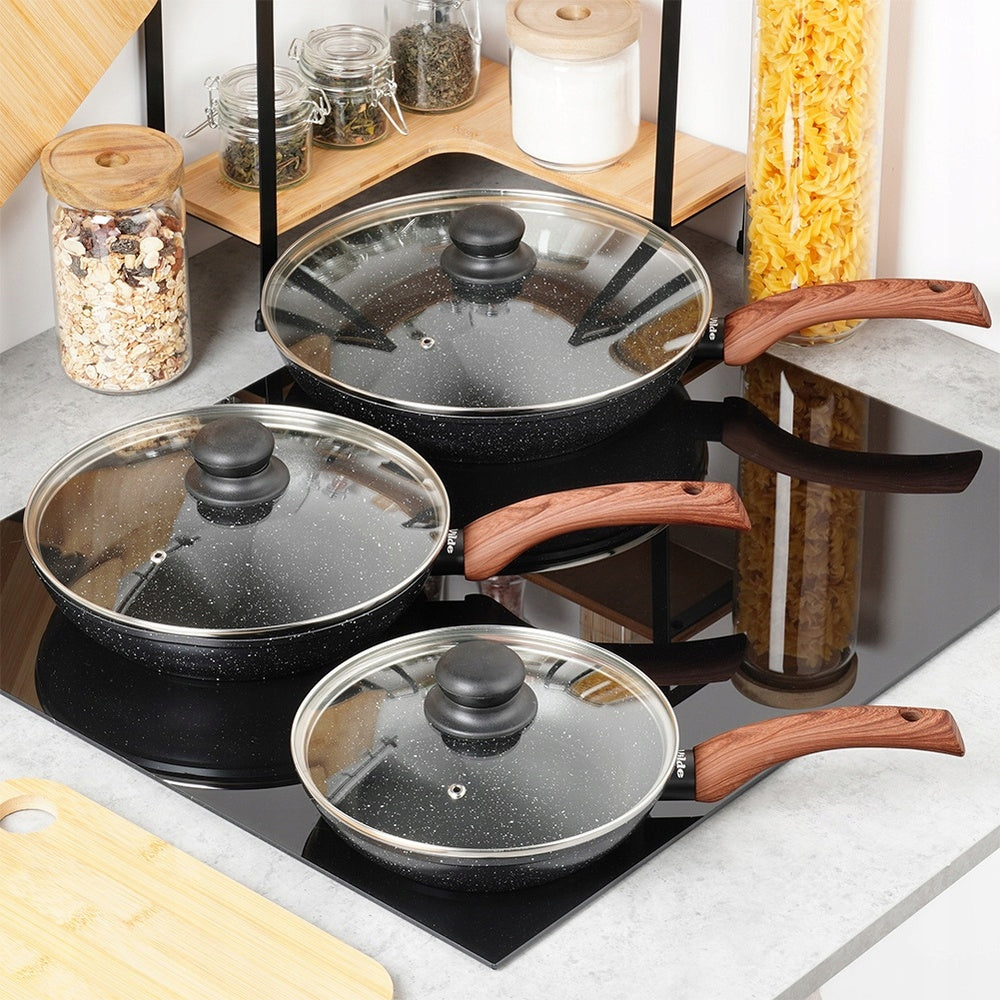 3x GRANITe frying pan stewing set with lid 20 24 28 cm Packaging status original
