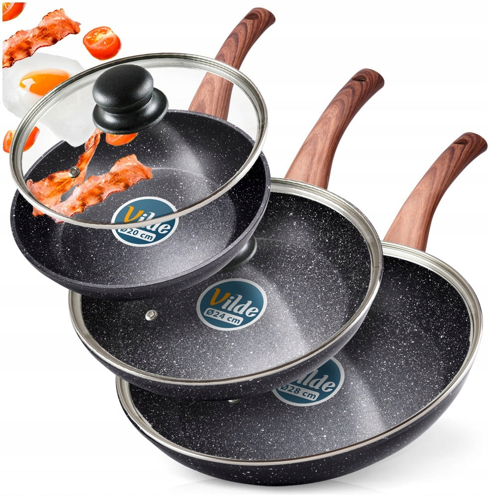 3x GRANITe frying pan stewing set with lid 20 24 28 cm