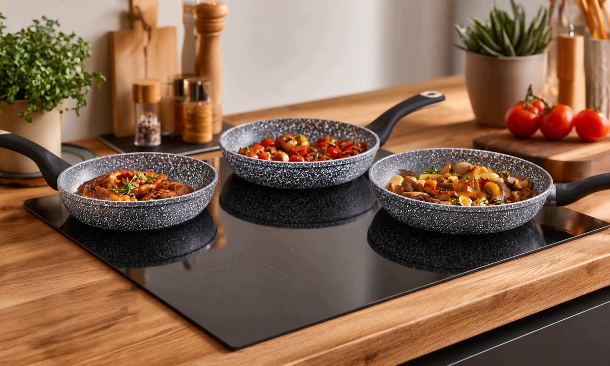 3x PAN SET OF GRANITE PANS 20/24/28 cm INDUCTION ALUMINUM GAS Packaging status original