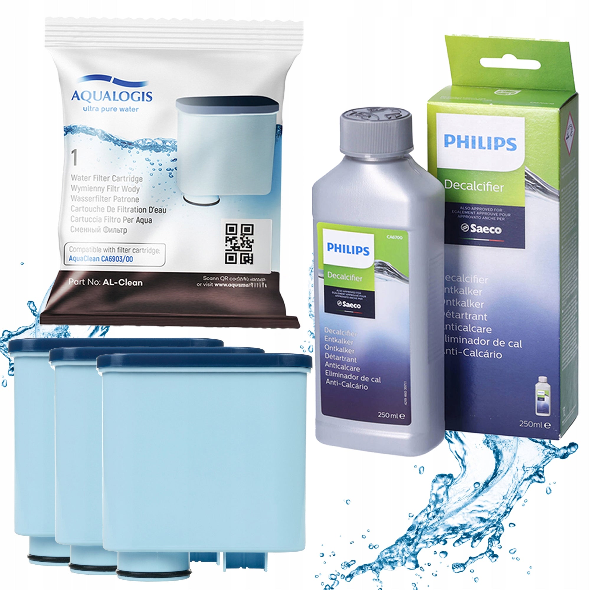 3x Water Filter for Saeco Philips AL-Clean + Descaler 250ml