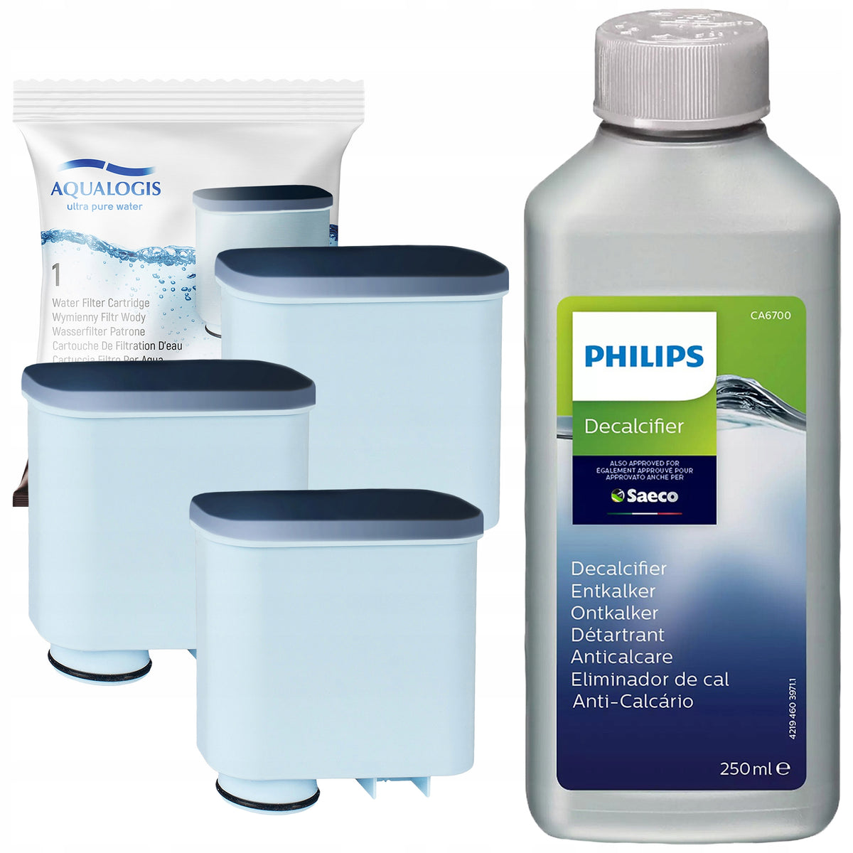 3x Water filter for Philips Latte Go machine + Descaler for espresso machine