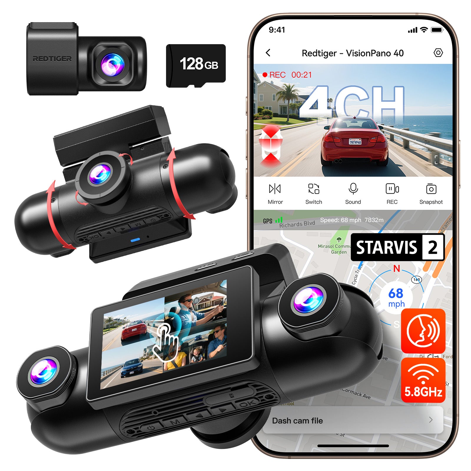 4-Channel Dash Cam 360° View REDTIGER VP40, STARVIS2, Night Vision, 128GB