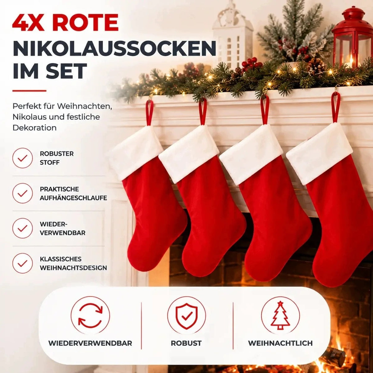 4 Christmas socks for hanging and filling, fireplace decoration Brand TK Gruppe