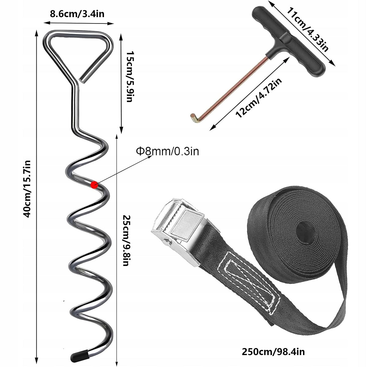 4 Pieces Anchors Spiral Herrings for Tent Trampoline Screwed + Straps Product weight with unit packaging 1.75 kg