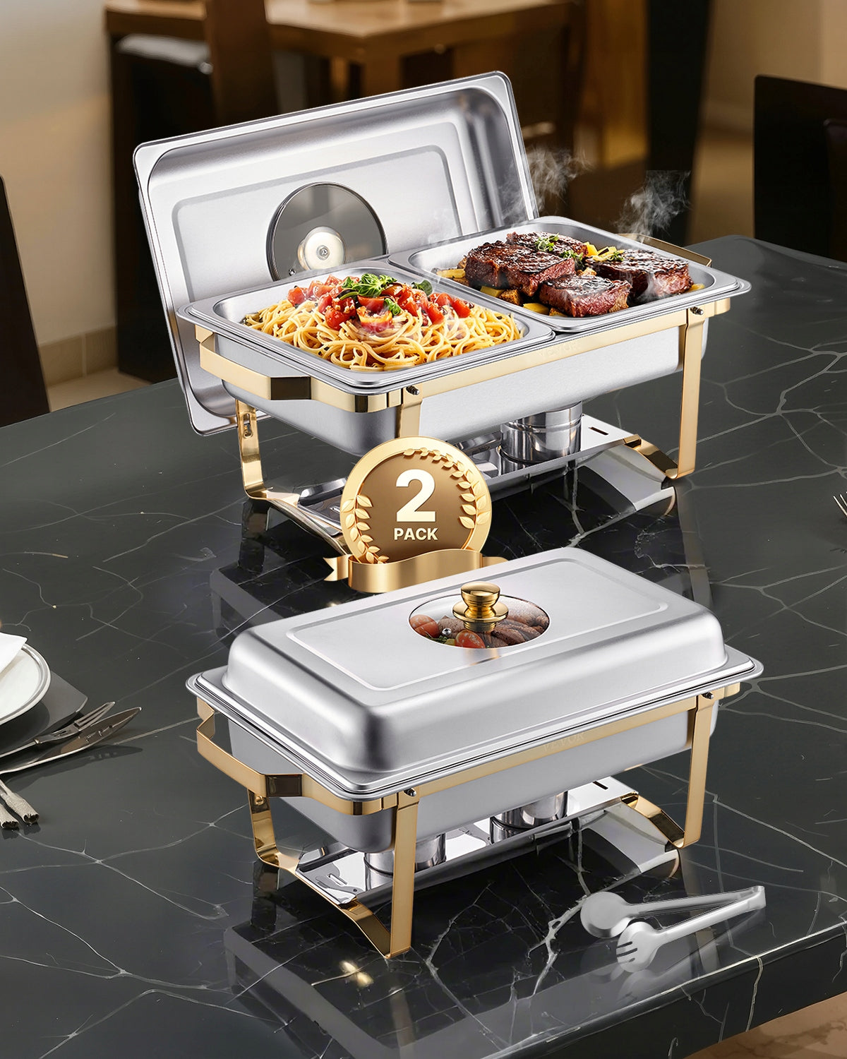 4 Qt 2 Pack Rectangle Chafing Dish Buffet Set Halfsize Pan Stainless Steel