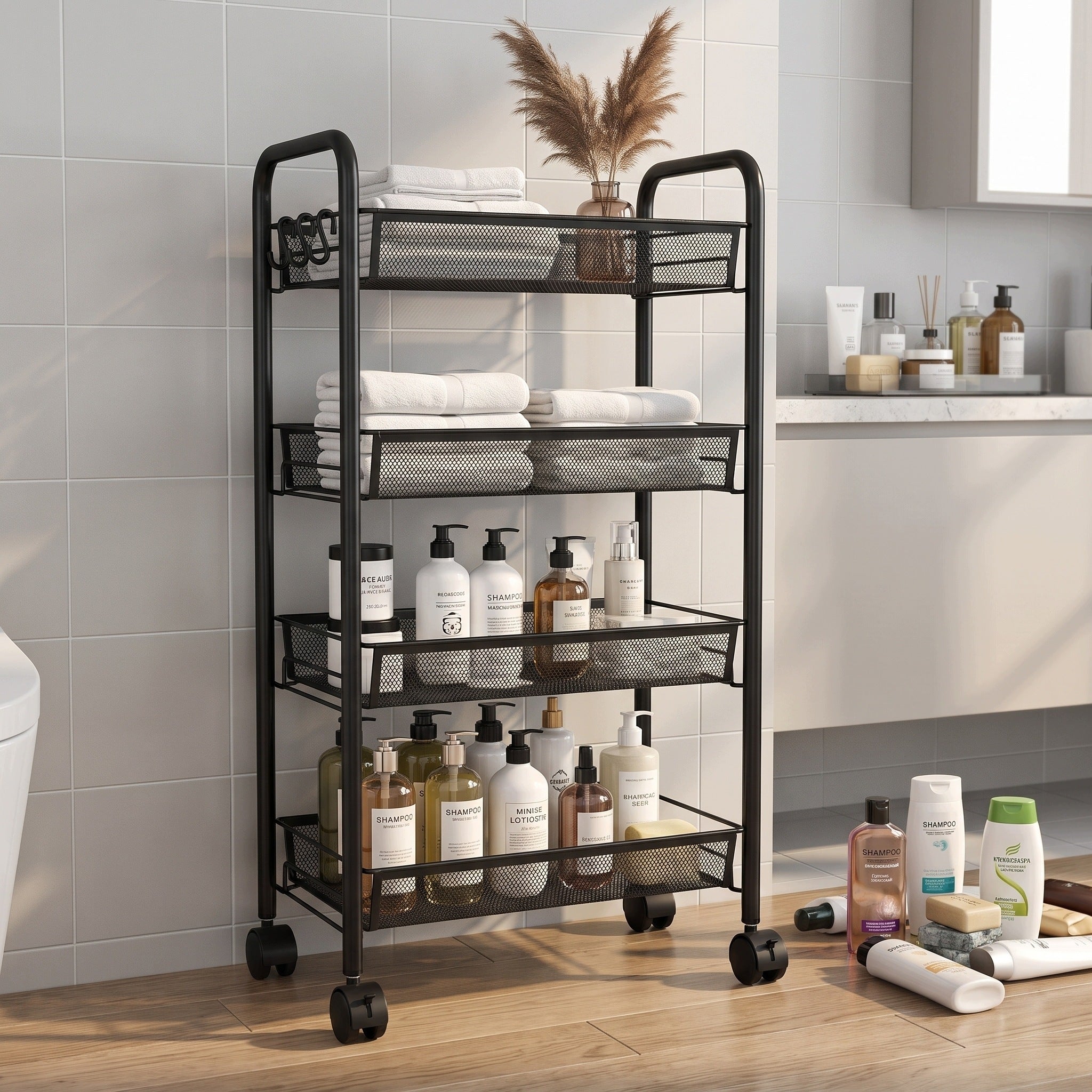 4-Tier Mesh Metal Black Wheeled Shelving Unit for Kitchen and Bathroom Manufacturer code ligu