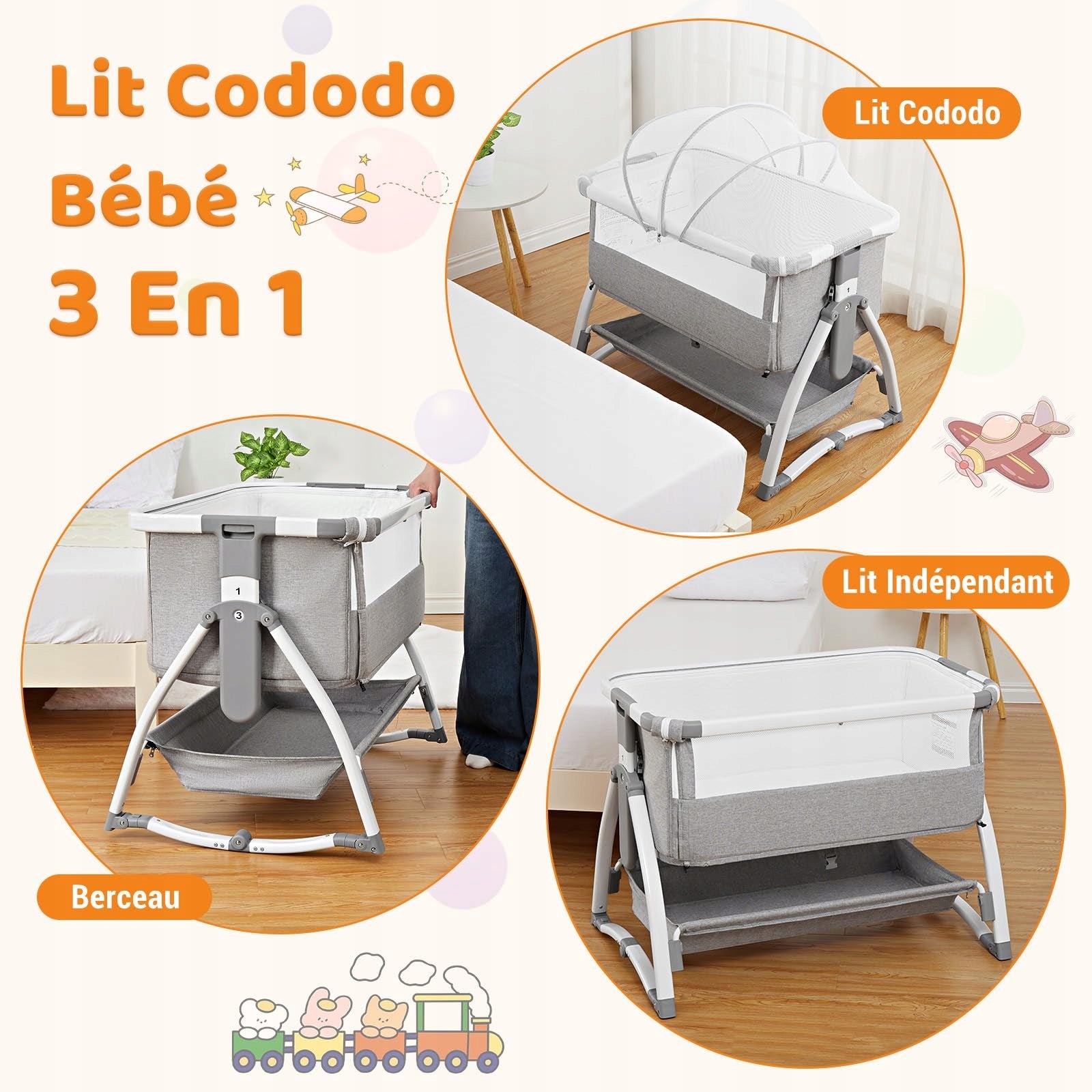 4 in 1 Baby Bedside Crib 94.5 x 64 x 82 cm Height Adjustable Cot Gray Manufacturer code 828700424120