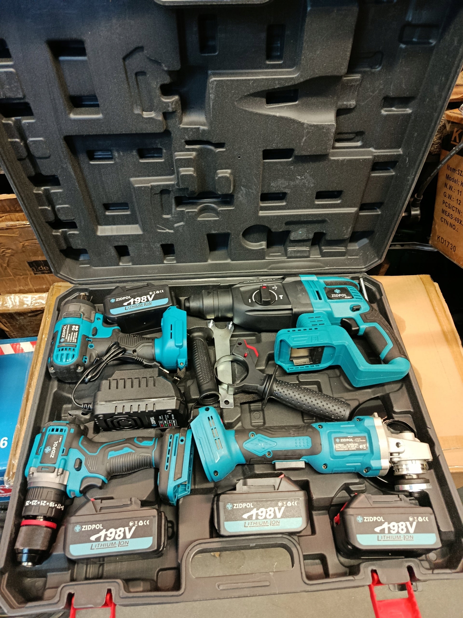 4-in-1 Tool Kit: Grinder, Wrench, Screwdriver, Hammer Drill Packaging status original