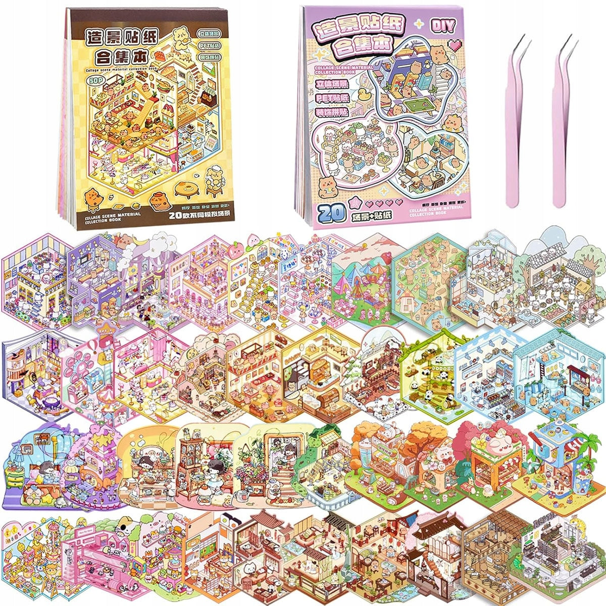 40x STICKERS BOX 3D ANTI-STRESS STICKER COTTAGE WITH STAGE BOX