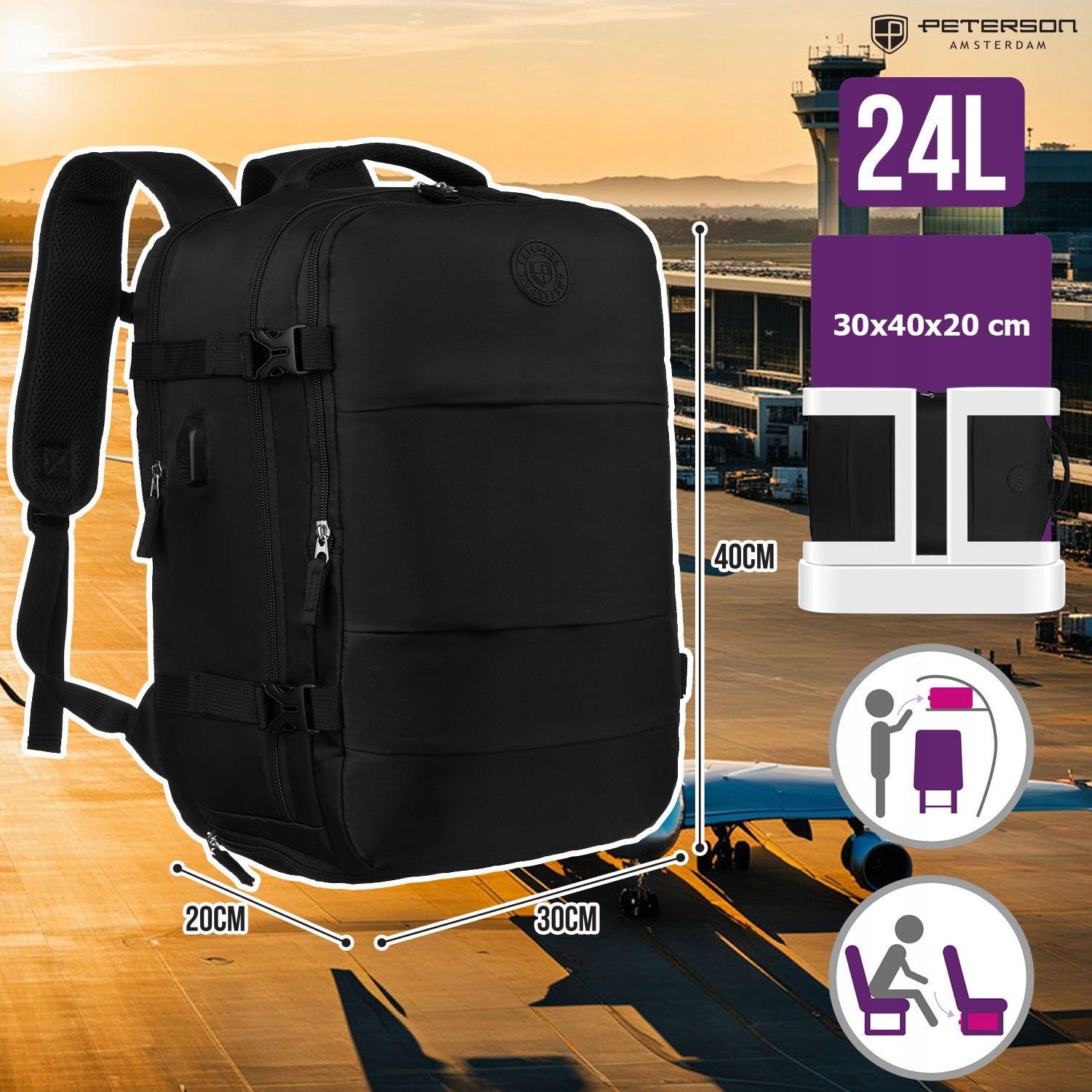 40x30x20 Travel Backpack for Airplane Handheld Cabin Bag Peterson Packaging status original